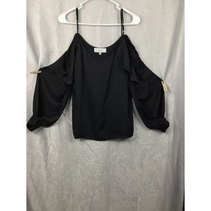 L`Academie Adjustable Spaghetti Strap Cold Shoulder Long Sleeve Blouse Black Siz